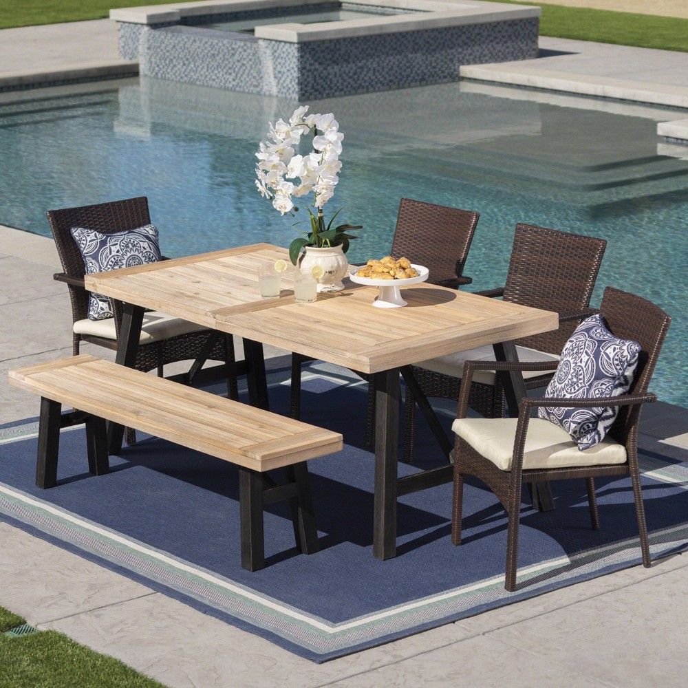 Photos - Garden Furniture Horton 6pc Acacia Wood/Wicker Patio Dining Set - Brown/Cream - Christopher