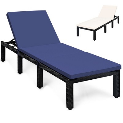 Tangkula Patio Lounge Chair Rattan Chaise w/ Adjustable Navy/Red & Off White Cushioned