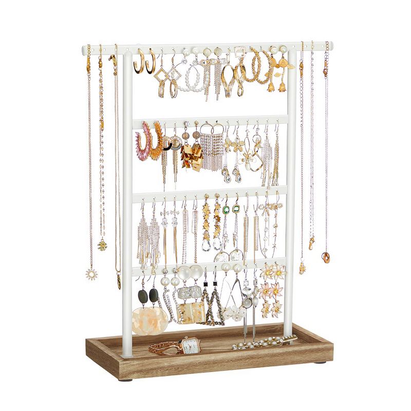 SONGMICS Jewelry Stand 4-Tier Jewelry Holder Organizer with Tray, Wood Base for Earrings and Studs Vintage Wood Color and White, 2 of 8