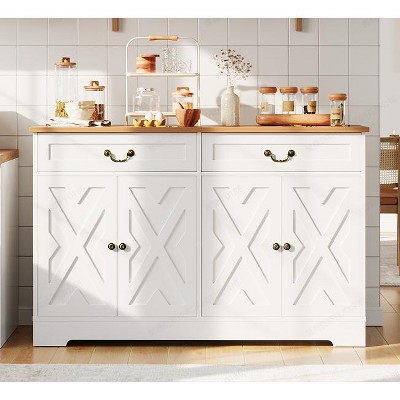 57 Inch Modern Farmhouse Sideboard Buffet Cabinet with 2 Drawers & Adjustable Shelves, Large Kitchen Storage Cabinet, Coffee Bar Organizer, White
