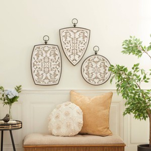 Wood Floral Carved Design Wall Decor with Ring Hanger Set of 3 White - Olivia & May: Farmhouse Style MDF Vertical Sculptures - 1 of 4