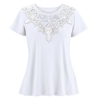 Collections Etc Feminine Lace Trimmed Scoop Neckline Short Sleeve Top