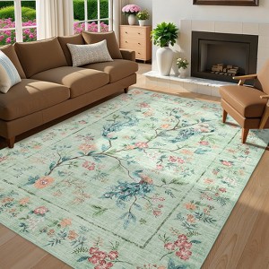 Washable Area Rug Floral Peacock Print Rug Soft Non Slip Low Pile Accent Rugs for Living Room Bedroom - 1 of 4