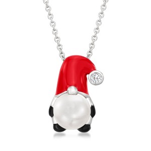 Ross-Simons 7.5-8mm Cultured Pearl Santa Gnome Pendant Necklace With Enamel and White Topaz Accent in Sterling Silver Size 18 - 1 of 4