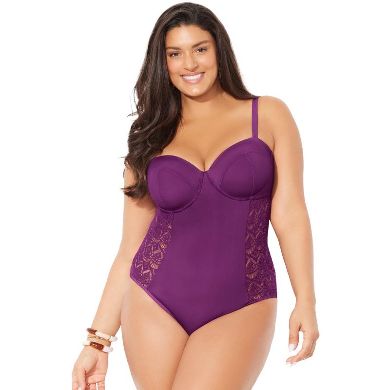 Swimsuits for All Women's Plus Size Crochet Underwire One Piece Swimsuit, 1 of 2