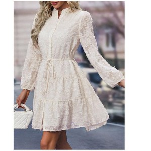 Women's Elegant Vintage - Style Lace Long - Sleeve Dress, Button - Down Party & Date Night Dress with Tiered Skirt - 1 of 3