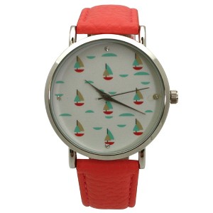 Olivia Pratt Faux Red Leather Sailing Boats Dial Women Watch - 1 of 4