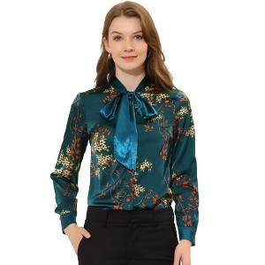 Allegra K Women's Floral Contrast Tie Neck Long Sleeve Satin Blouse - 1 of 4