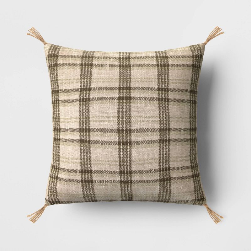 Oversized Cotton Woven Plaid Square Throw Pillow with Tassels Olive Green - Threshold&#8482;, 1 of 6