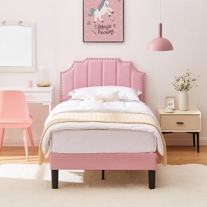 VECELO Upholstered Platform Bed Frame with Tufted Adjustable Headboard, Mattress Foundation, Wood Slat Support, Bed Frame - 1 of 4