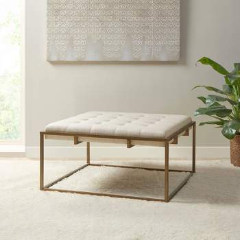 Square Padma Button Tufted Upholstered Metal Base Ottoman Ivory - Madison Park