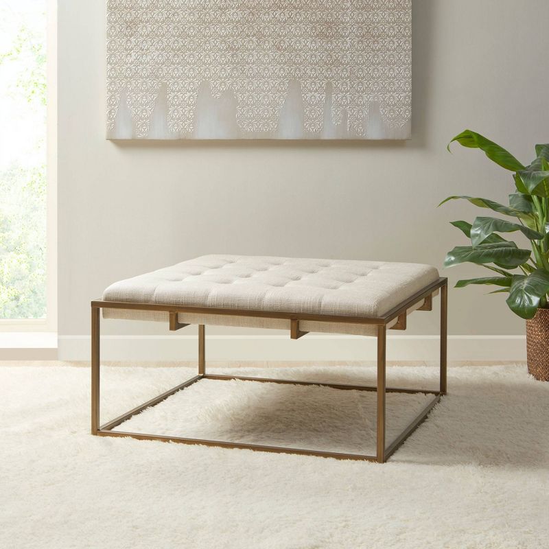Square Padma Button Tufted Upholstered Metal Base Ottoman Ivory - Madison Park, 1 of 7
