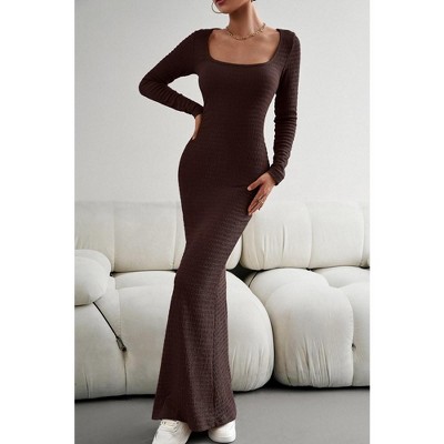 YesFashion Women's 2024 Fall Long Sleeve Square Neck Bodycon Maxi Dresses Sexy Ribbed Knit Long Sweater Lounge Dress