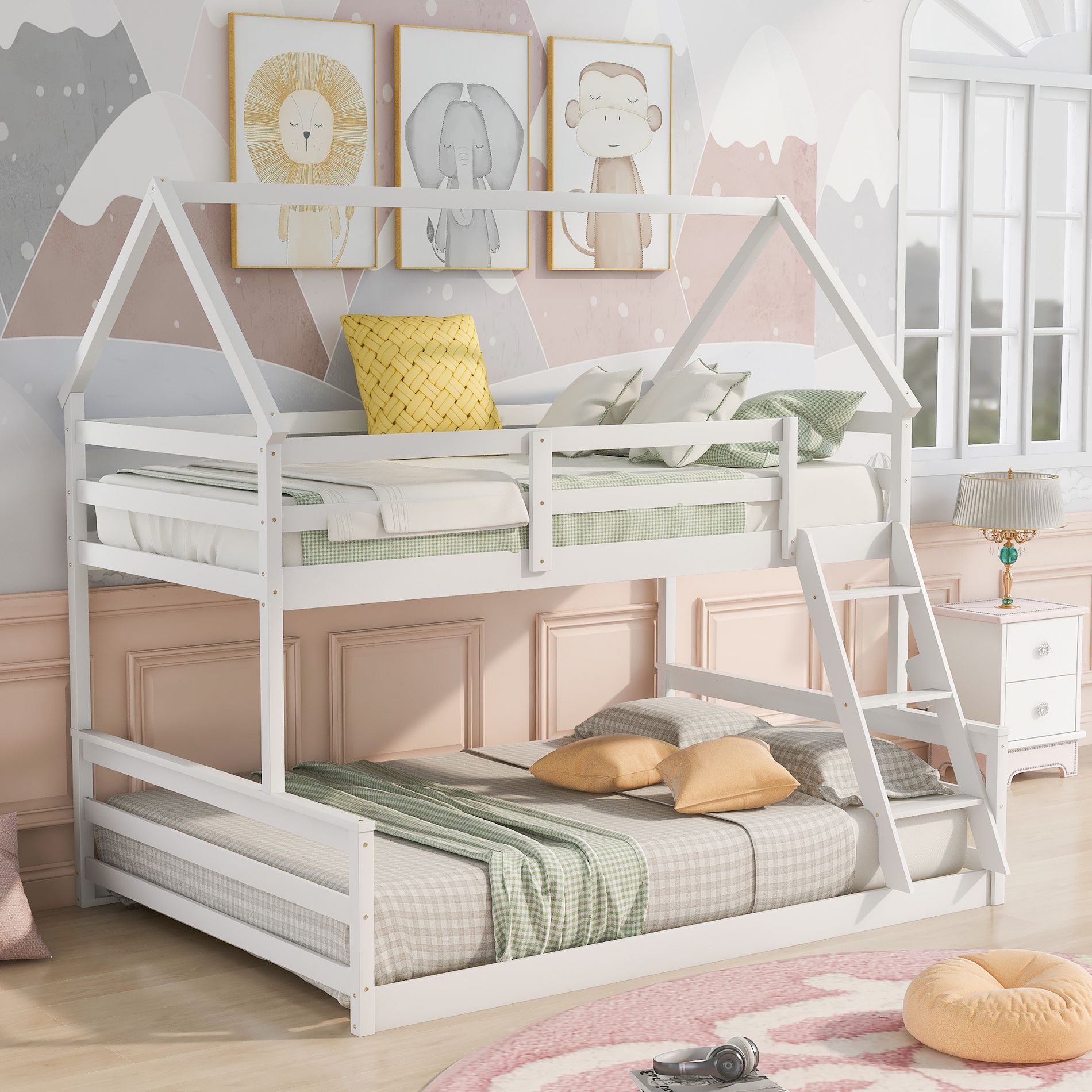 Twin over Full House-Shaped Bunk Bed with Built-in Ladder, Pine Wood & MDF Frame, Convertible into Two Beds, White - ModernLuxe