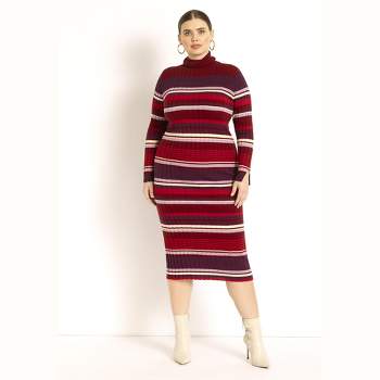 ELOQUII Women's Plus Size Striped Turtleneck Sweater Dress