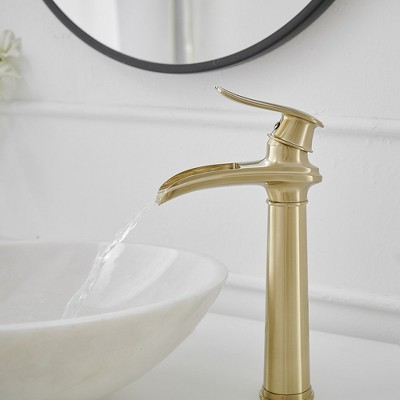 Brushed Gold Tall Single Handle Waterfall Vessel Sink Faucet