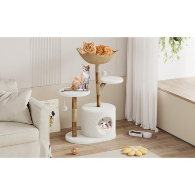 Multi-Level Cat Tree 43" – Basket, Scratching Posts, Real Branches, Dangling Ball & Platforms