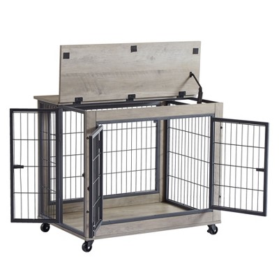 NicBex 31.5Inch Dog Crate Furniture with Flip-up Top Wooden Dog Crate Table with 2 Iron Doors and Wheels,Heavy Duty Indoor Puppy Kennel,Gray