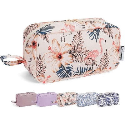Narwey Cute Makeup Bag Small Toiletry Bag Travel Cosmetic Bag Organizer Make Up Bags with Organized Pockets for Women (Beige Flamingo, Large)