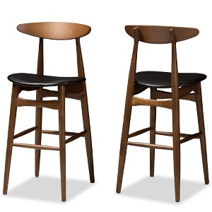 Set of 2 Flora Mid-Century Modern Walnut Finished Wood Upholstered Barstools Black - Baxton Studio: Faux Leather, Curved Back, Fixed Height - 1 of 4