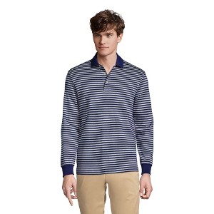 Lands' End Men's Long Sleeve Jacquard Super Soft Supima Polo Shirt - Large - Deep Sea Navy Founders Stripe - 1 of 4