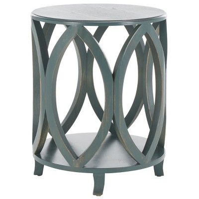 Dark Teal Geometric Wood and Metal Round Accent Table
