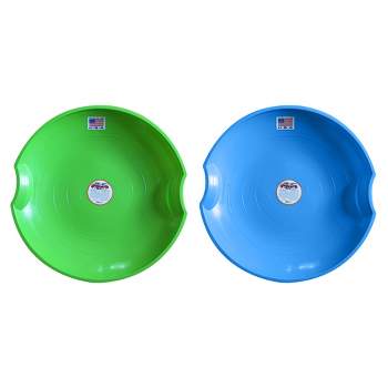Paricon Flexible Flyer Round Flying Saucer Disc Racer Polyethylene Snow Sled Toboggan, for Ages 4 & Up, 26" Diameter, Green/Blue (2 Pack)