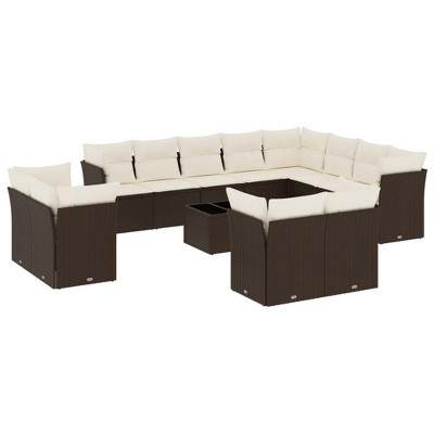 vidaXL 13 Piece Patio Sofa Set with Cushions Brown and Cream Poly Rattan - With Table