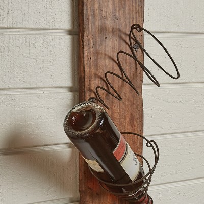 Rustic Brown Wood and Metal Wall Bottle Rack