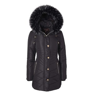 Sportoli Women Longer Length Plush Lined Quilted Winter Puffer Coat Zip-Off Faux Fur Trim Hood - 1 of 4
