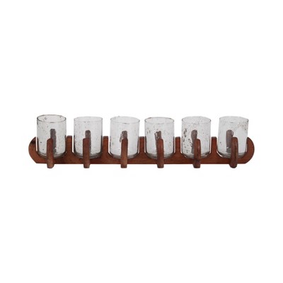 Set of 6 Pillar Candle Holders with Glass Hurricane Shades - Handmade Mango Wood Glam Taper Candle Stand for Home, Office, Living Room - 5" Brown