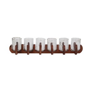 Set of 6 Pillar Candle Holders with Glass Hurricane Shades - Handmade Mango Wood Glam Taper Candle Stand for Home, Office, Living Room - 5" Brown - 1 of 4