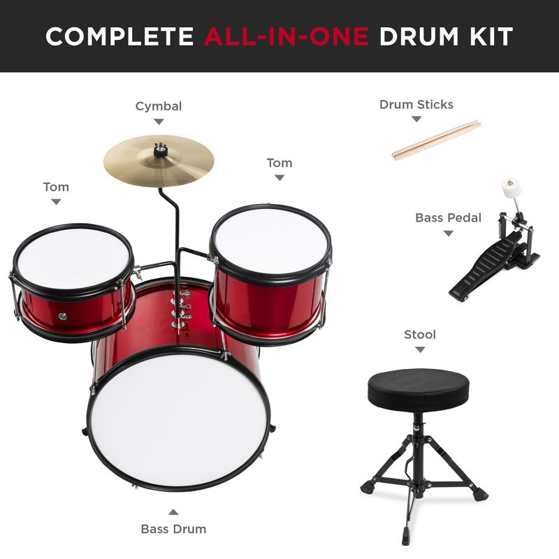 Best Choice Products Kids Beginner 3-Piece Drum, Musical Instrument Set w/ Sticks, Cushioned Stool, Drum Pedal, 6 of 8