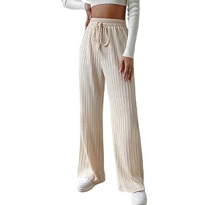 Women's Wide Leg Stretchy Ribbed Pants Pull On Lounge Trousers Drawstring Waist Yoga Textured Slacks - 1 of 4