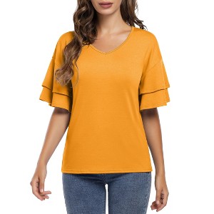 Clearlove Women's Casual Blouses Ruffle Sleeve T Shirts V Neck Double Tiered Bell Sleeve Top - 1 of 4