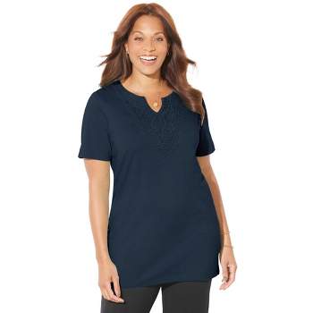 Catherines Women's Plus Size Easy Fit Embroidered Notch-Neck Tee