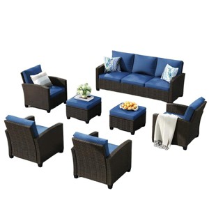 7-Piece Outdoor Rattan Sofa Set, All-Weather Wicker Conversation Group with Coffee Table for Patio and Garden - 1 of 4