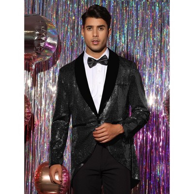 INSPIRE CHIC Men's Shawl Lapel Wedding Party Shiny Sequin Tuxedo Tailcoat Black Large — фото 2