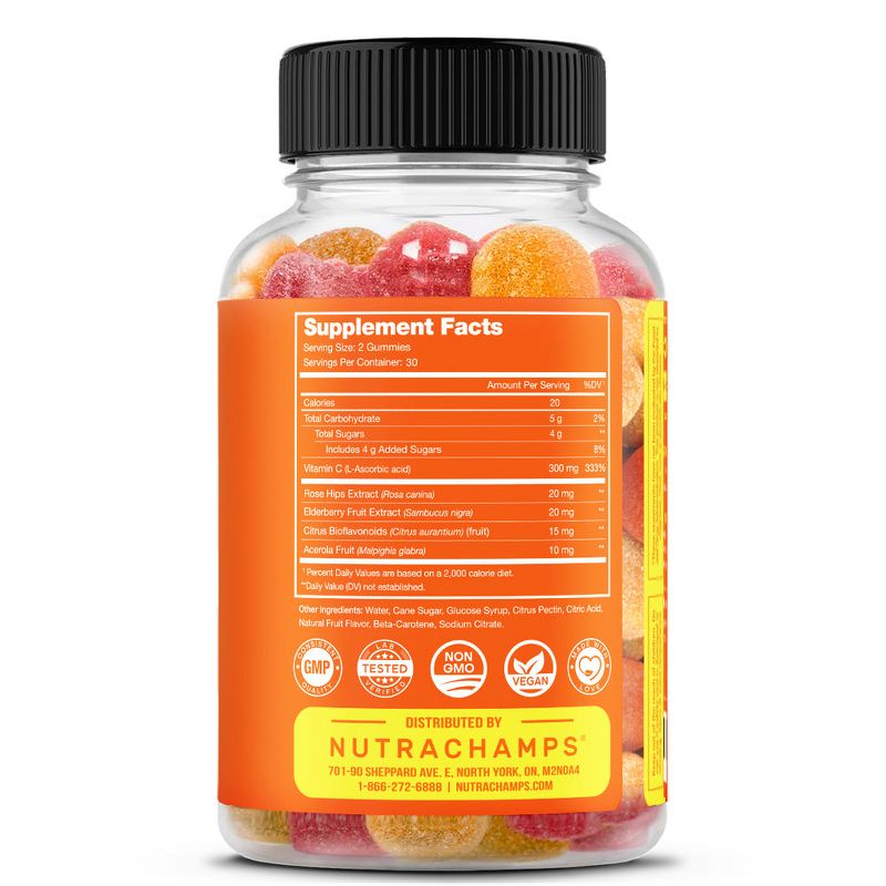 NutraChamps Vitamin C Gummies 5-in-1 Antioxidant Immune Support with Elderberry, Cherry, Citrus & Rosehips- 60 Vegan Chewables, Orange & Cherry Flavor, 3 of 5