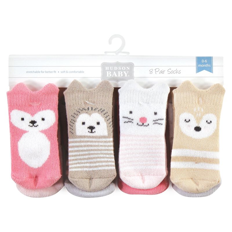 Hudson Baby Infant Girl Cotton Rich Newborn and Terry Socks, Girl Woodland 8-Pack, 2 of 7