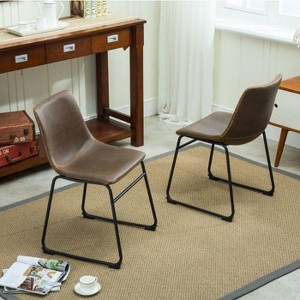 CAVINAS Set of 2 Vintage PU Leather Dining Chairs, Handcrafted Metal Frame in Antique Brown with Black Iron Legs - 1 of 4