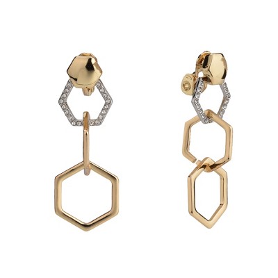 Christian Siriano New York Two Tone Hexagon Drop Clip Earrings with Pave Stone Accents