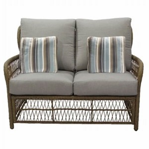 Four Seasons Courtyard Positano Wicker Loveseat Outdoor Bench Seating Furniture with Acrylic Plush Comfortable Lounge Cushions and 2 Accent Pillows - 1 of 4