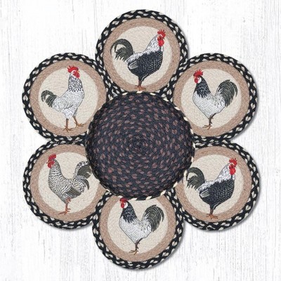 Earth Rugs Rooster Trivets in Basket – Set of Hand-Braided Jute Round Trivets 10"x10", Rustic Farmhouse Kitchen Decor