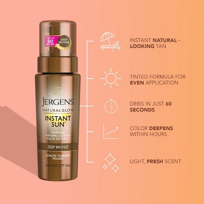 Jergens Natural Glow Instant Sun Sunless Tanning Mousse, Deep Bronze Tan, Sunless Tanner Mousse - 6 fl oz
