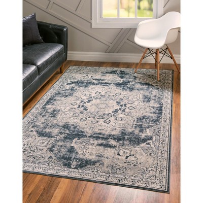 Navy Blue and Beige Distressed Synthetic 6' x 9' Area Rug