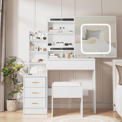 Vanity Desk with Sliding Mirror, Makeup Vanity Set with 4 Drawers, Stool, Open Shelves, Dressing Table with Storage for Bedroom