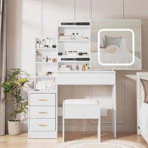 Vanity Desk with Sliding Mirror, Makeup Vanity Set with 4 Drawers, Stool, Open Shelves, Dressing Table with Storage for Bedroom - 1 of 4