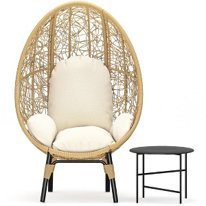 Patio Wicker Egg Chair with Black Color Rattan Grey Cushion and Side Table, Natural - 1 of 4