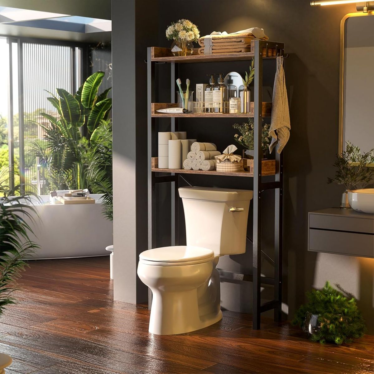 Greenstell 3-Tier Over-The-Toilet Storage Rack - Freestanding Organizer with Adjustable Shelf, Space-Saving Shelves, Vintage Brown